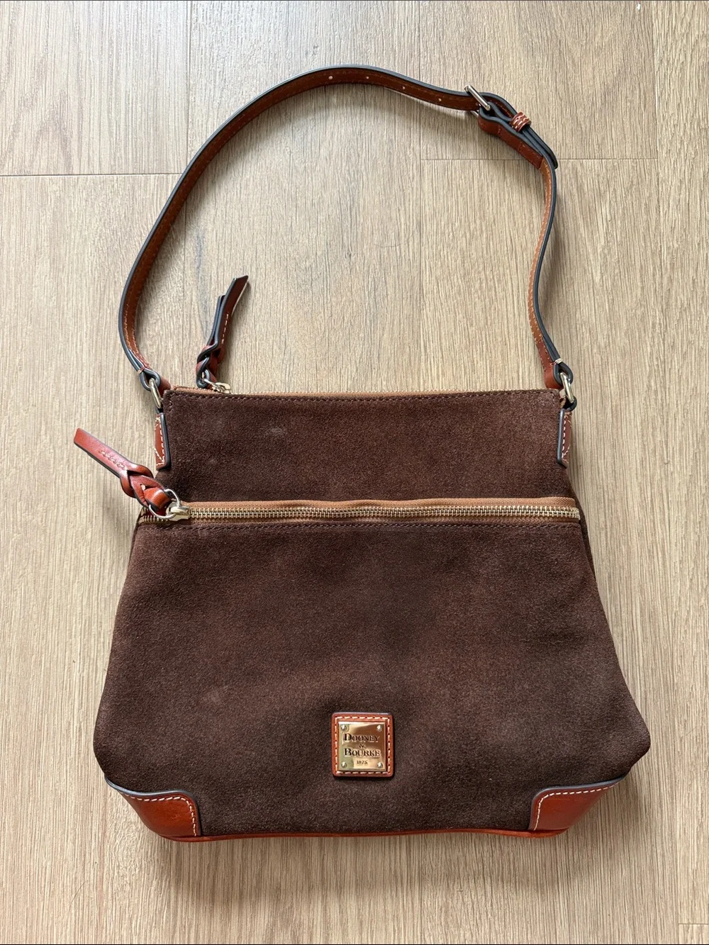 Dooney & Bourke Dark Brown Suede Messenger Bag with Tan Leather Trim